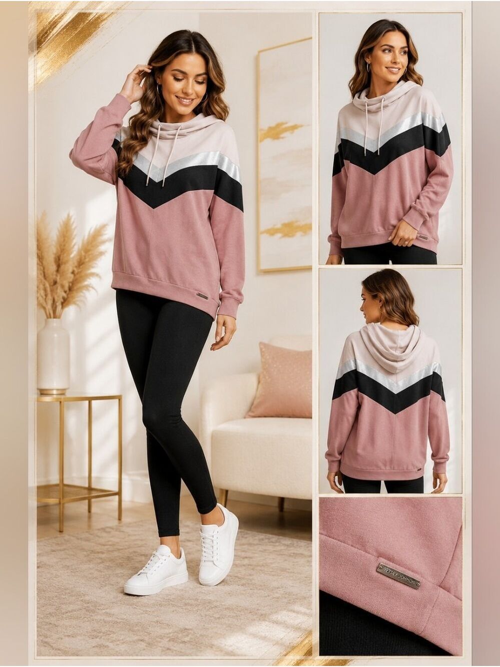 Betsey Johnson Women's Chevron Colorblock Oversized Hoodie | Blush Pink & Cream